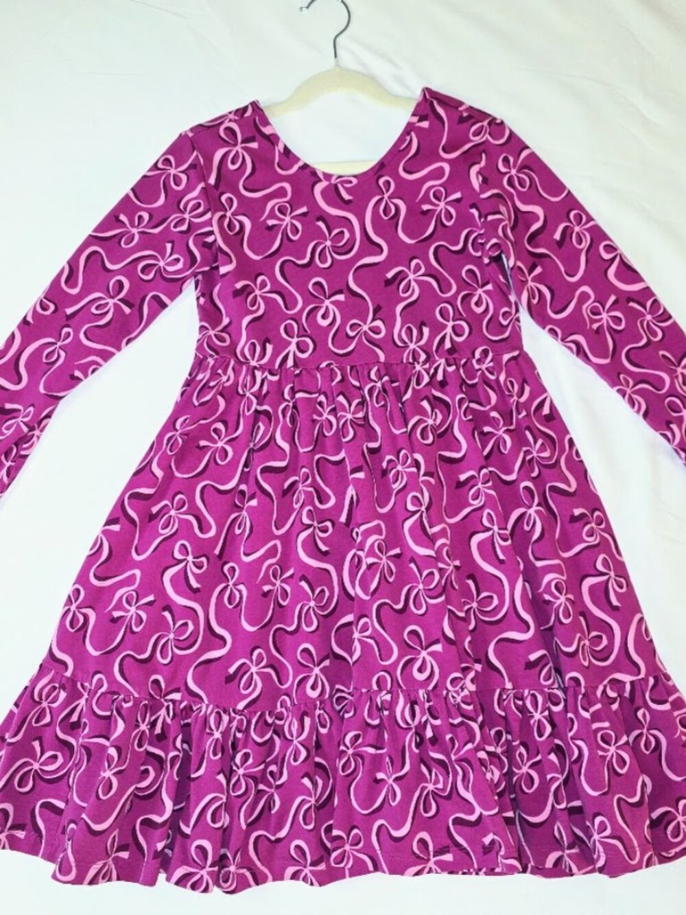 Hanna Andersson Purple Bow Tiered Long Sleeve Skater Dress with Pockets, size 10